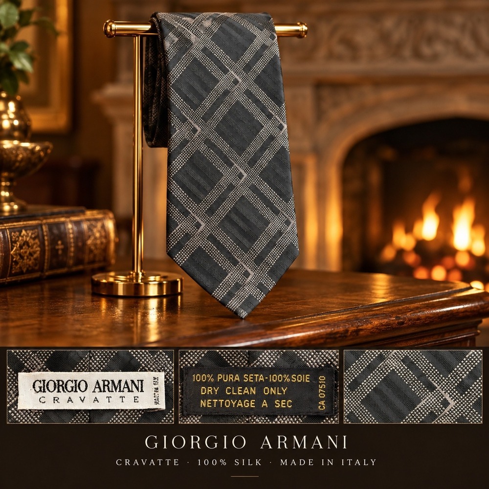 Giorgio Armani Cravatte Silk Tie Charcoal Grey Silver Geometric Made in Italy